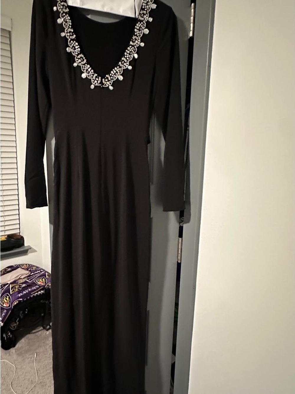 Black Long Sleeve Maxi Dress with Embellished V-Neck